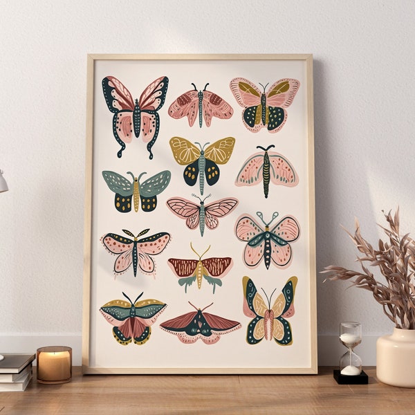 Boho Butterflies Print | Butterfly Art | Vintage Decor | Digital Print | Printable Art Girl's room decor | Modern, Retro Boho Girl's Nursery