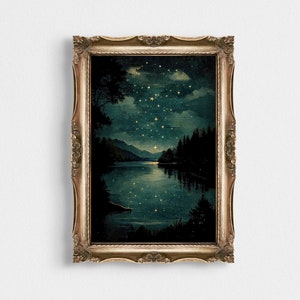 Vintage Star Gazing | Printable Wall Art | Night Landscape Art | Printable Night Wall Art | Stargazing Landscape at Night | Celestial Print