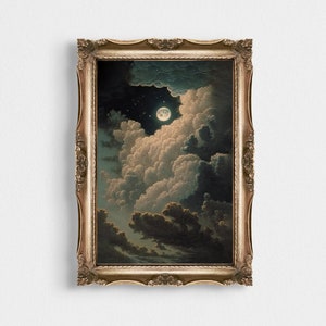 Moon and Stars Vintage Cloudy Painting | Digital Print, Dark Aesthetic | Gothic Celestial Art Print | Instant download | PRINTABLE Wall Art