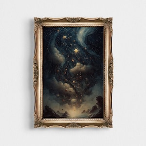 Abstract Vintage Painting of Stars | Celestial Print | Gothic Wall Art | Printable Wall Art | Dark Aesthetic | Vintage Celestial Night Sky