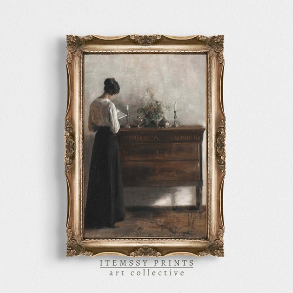 Woman Reading Portrait Painting, Vintage Wall Art Print, Vintage Antique Painting, Printable Art, Antique Painting, Moody Oil Painting