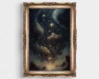 Abstract Vintage Painting of Stars | Celestial Print | Gothic Wall Art | Printable Wall Art | Dark Aesthetic | Vintage Celestial Night Sky