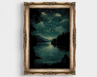 Vintage Star Gazing | Printable Wall Art | Night Landscape Art | Printable Night Wall Art | Stargazing Landscape at Night | Celestial Print