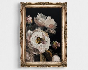 Vintage Flower Still Life Painting, Peony Wall Art, Moody Dark Flower Print, Antique Art Print, Printable Wall Art, Digital download