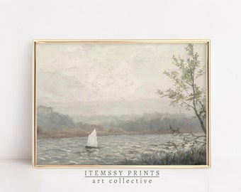Lake Sailboat Painting | Bedroom Lake Print | PRINTABLE Home Decor | Digital Download | Nautical Neutral Art | Vintage Sea Print
