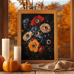 Fantasy Cottagecore Gothic Art Print | Creepy Bouquet Decor | Dark Macabre Cottagecore | Weirdcore Floral Decor dla miłośników estetyki gotyckiej