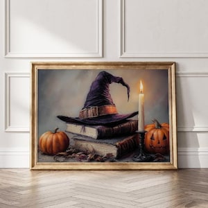 Vintage Witch Hat Moody Print | Witchy Cottagecore Halloween Wall Art | Printable Fall Decor | Spooky Autumn Aesthetic | Halloween Home Art