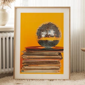 Retro Music Poster | Vintage Vinyl Disco Ball | Funky Wall Art Print | Trendy Digital Download Decor | Large DIY Art Printable Home Decor