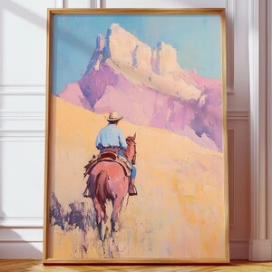 Vintage Western Cowboy Oil Painting Print | Rustic Montana Wall Art | Country Sunset Decor | Countryside Gift | Home & Office Wall Poster