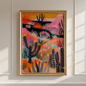 Retro Midcentury Western Wüstenkunst | Vintage Kaktus Druck | Moderne botanische Dekoration | Rosa Wilder Westen Poster | Büro oder Schlafzimmer Wandkunst