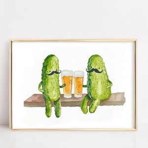 Whimsical Pickles with Mustaches Watercolor Print | Quirky Pub Art | Fun Kitchen Decor | Unique Gift for Beer Lovers | Funny Wall Art