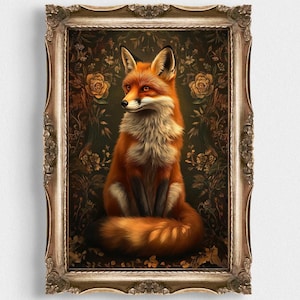 Botanical Fox Print | Cottagecore Decor | Vintage Floral Woodland Animal Art | Printable Dark Academia Wall Art | Witchy Gothic Fox Painting