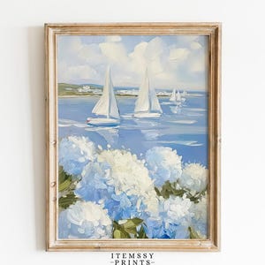 3 Sailboats Painting Print | Coastal Blue Hydrangeas Art | Granddaughter Room Decor | Horizontal Wall Print | Kitchen Nautical Printable Art