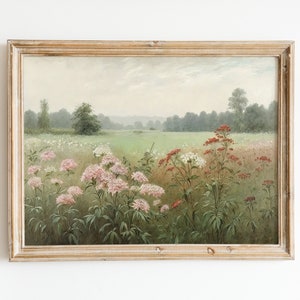 Pink Wildflower Field - Flower Meadow Print - Vintage Wall Art Painting - Digital Download Art Spring - Spring Pink Wildflower Print