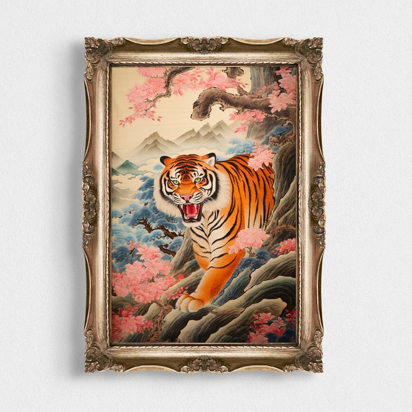 Japanese Tiger Wall Art | Vintage Japandi Tiger Print | Muted Neutral Colors | Tiger Painting | Retro Home Decor | PRINTABLE Wall Art