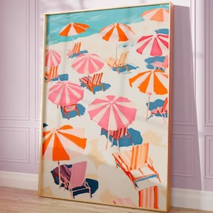 Pastel Striped Beach Umbrella Aerial Poster | Colorful Coastal Wall Art | Italian Riviera Summer Decor | Beach House Print | Seaside Style