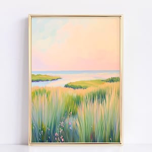 Coucher de soleil pastel sur les marais | Aquarelle, peinture côtière du Lowcountry de la Caroline | Art mural maison de plage verte côtière | Téléchargement numérique imprimable