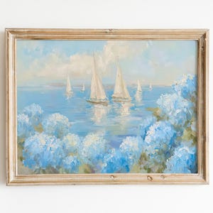 Sailboats Painting | Coastal Wall Art | Blue Hydrangeas Print | Nautical Printable Horizontal Ocean Seaside Decor | Kitchen Living Room