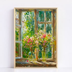 Vintage Wildblumen im Fenster Druck | Stimmungsvolle Frühlingsdeko | Bauernhaus Druck | Neutrale Wandkunst | Druckbare Kunst Kunst im Sommer