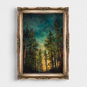 Stimmungsvoller Wald Kunstdruck | Sternenklare Nachtwald Malerei mit Pinien | Natur Atmosphärische Wand Kunst Gemälde | Verträumtes Waldland unter dem Sternenhimmel