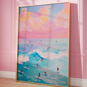 Póster de surf rosa / Impresión de arte mural playero / Pintura de surf de verano aérea / Decoración oceánica femenina / Arte mural azul imprimible para hogares costeros