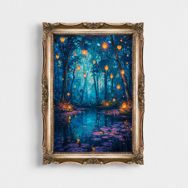 Forestscape Wall Art Print | Glowing Lanterns | Majestic Trees | Meandering River | Fantasy Painting | Living Room Decor | Woodland Wall Art