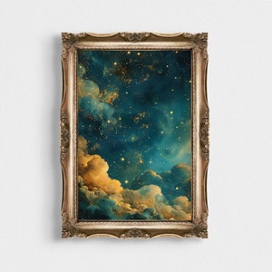 Eternal Stargazing | Vintage Cloudy Night Landscape | Night Wall Art | PRINTABLE Abstract Gold Landscape | Celestial Cloudy Sky Moon Print