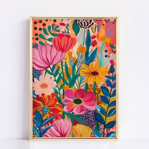 Arte murale botanica floreale astratta vibrante / Arte murale astratta acrilica colorata / Decorazione soggiorno stampabile / Stampa artistica floreale per la casa