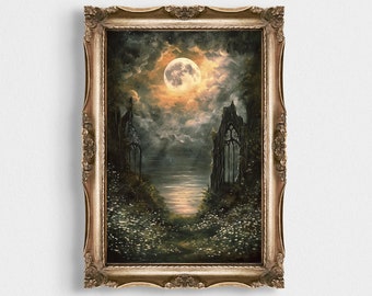 Celestial Vintage Moon Forest Home Decor Print | Moody Oil Painting | Cloudy Holy printable Dark Academia Poster | Night Gate in the Woods