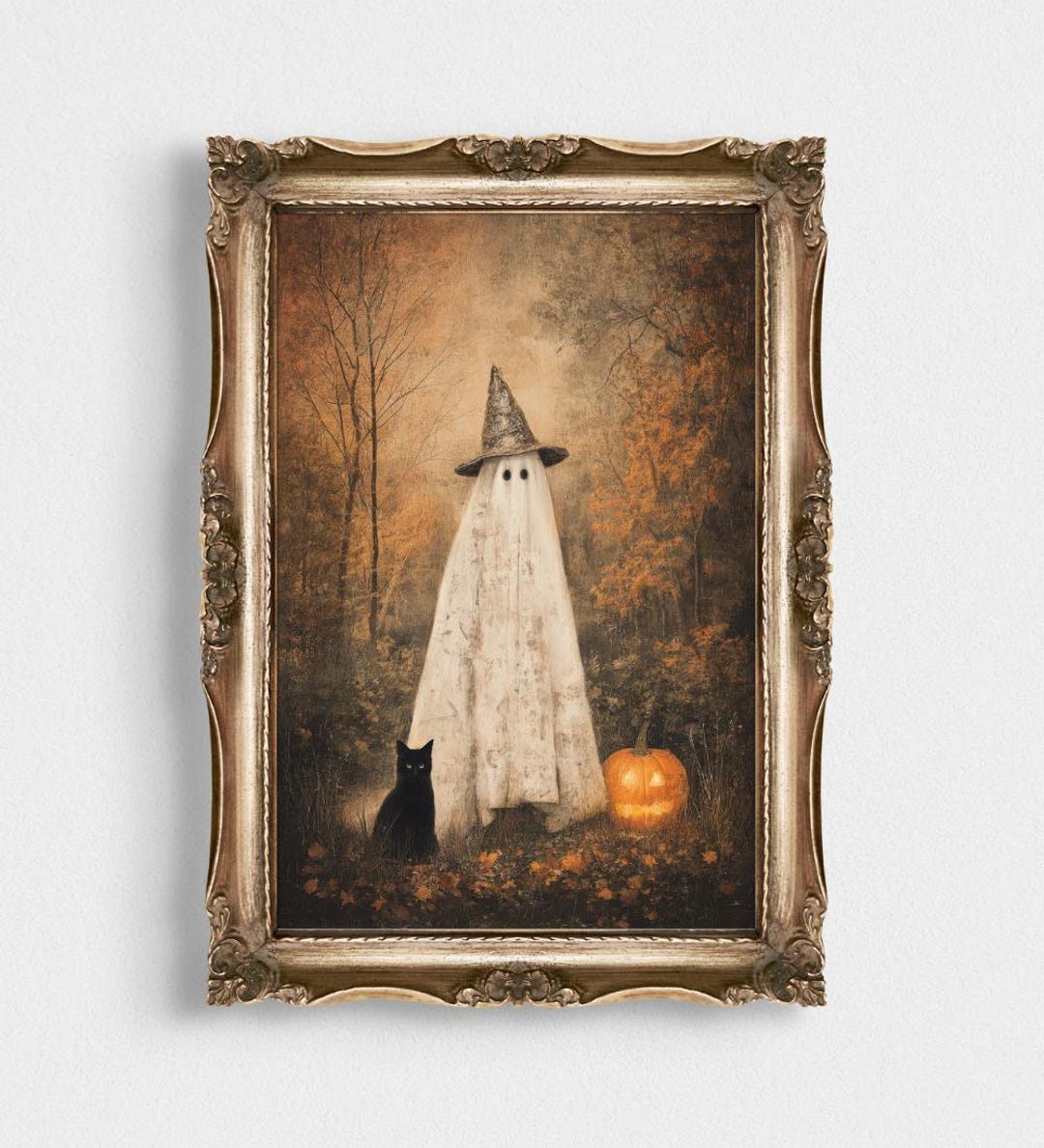 Cute Ghost & Black Cat Print | Vintage Halloween Wall Art | Dark ...