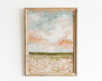 Cloudy Yellow Sky, Spring Landscape Print, Printable Wall Art, Country Farmhouse Landscape Oil Painting, Neutral Pastel Living Room Wall Art