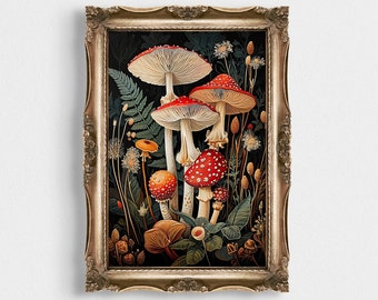 Botanical Mushroom Print | Dark Cottagecore Wall Art | Mushroom Decor | Witchy Academia Print | Moody Botanical Print | Kitchen Wall Decor