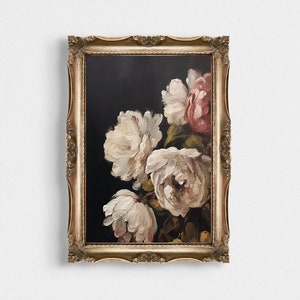 Peony Wall Art, Moody Dark Flower Print, Antique Art Print, Printable Wall Art, Vintage Flower Still Life Painting, Dark Academia Print