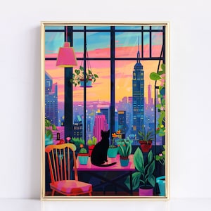 Gatto nero a San Francisco Poster / Arte murale vibrante della città / Stampa colorata / Arredamento per la casa massimalista / Opera d'arte ispirata ai viaggi / Arte per gli amanti dei gatti