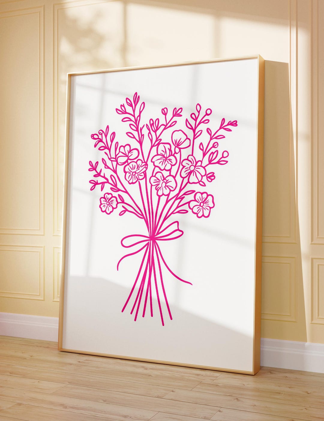 Pink Flower Bouquet Print | Modern Fine Line Floral Drawing | Flower ...