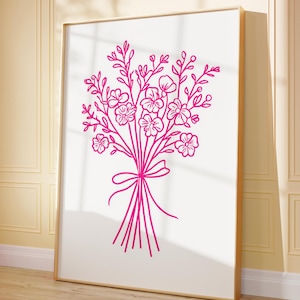 Rosa Blumenstrauß Print | Moderne feine Linie Blumenzeichnung | Blumenstrauß Wandkunst | Boho ästhetisches Plakat | Blumenmarkt Kunstdruck