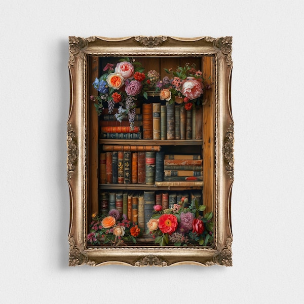 Dark Academia Books Print | Flowers Bookshelf Decor | Moody Bookish Gothic Home Art | Literary Wall Art | Floral Printable Vintage Poster