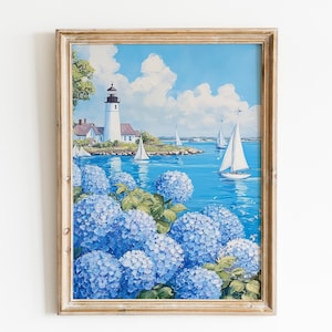 Zeilboot en hortensia's aan zee | Nantucket-muurkunst | Kunst uit de high society | Luxe poster kustvuurtoren | Exclusief lifestyle-decor