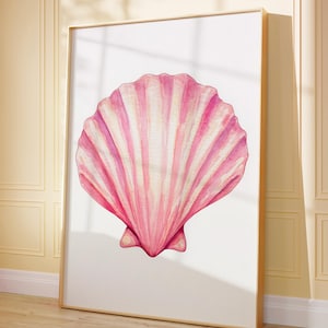 Plakat Vintage Coastal Pink Seashell | Modna sztuka domu na plaży | Retro nadruk surfingowy | Wystrój akademika Preppy | Dekoracja dziewczęcego maksymalistycznego wózka barowego