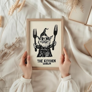 Linoprint Goblin Art • Impression occulte étrange | Décoration fantastique troll et elfe | Impression unique faite main | Cadeau original pour les amateurs de fantastique | Décoration d'intérieur
