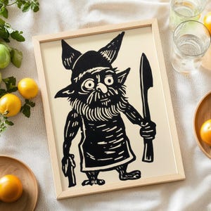 Art de lutin de cuisine Linoprint | Art mural occulte elfe troll étrange | Décoration d'intérieur originale | Cadeau unique pour les amateurs de fantastique | Art de la créature mythique