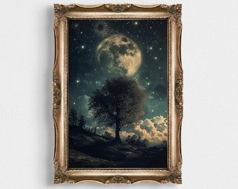 Vintage Celestial Art | Moody Painting Print | Dark Academia Tree Wall Art | Printable Starry Witchy | Moon and Stars Decor | Starry Sky