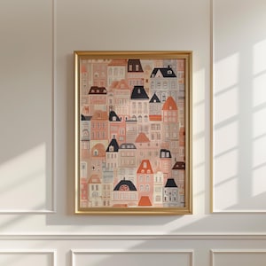 Vintage Houses Art Print | Funky Home Illustration | Printable Wall Decor | Vibrant Printable Artwork for Home | Apartment Buildings Poster