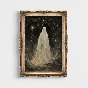 Celestial Ghost Print | Victorian Gothic Vibes | Cute Horror Goth Wall Art | Vintage Starry Oil Painting | Scary Home Decor | Dark Academia