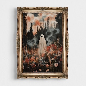 Dark Forest Ghost Art Print | Whimsical Halloween Wall Decor | Spooky Fall Meadow Art | Charming Autumn Printable | Magical Seasonal Decor