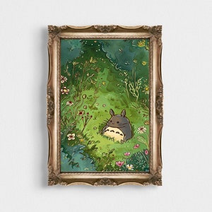 Cute Totoro | Studio Ghibli Green Forest Anime Poster | Miyazaki-Inspired Print | Digital Download | Minimalist Movie Art | Flowers Decor