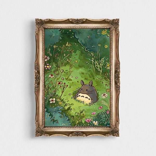 Cute Totoro | Studio Ghibli Green Forest Anime Poster | Miyazaki-Inspired Print | Digital Download | Minimalist Movie Art | Flowers Decor