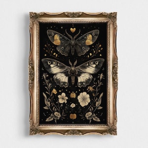 Schwarzer Schmetterling Druck | Motte Wand Kunst | Gothic Cottagecore Dekor | Dark Academia Stimmungsvolles Blumen Kunstwerk | Vintage-Gothic-Blumen