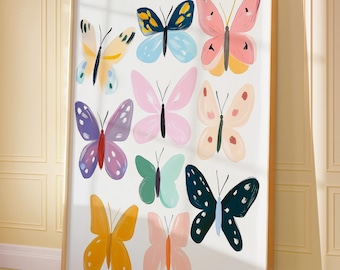 Pastel Butterfly Print | Colorful Girly Insect Art | Watercolor Animal Wall Decor | Kids Room Nursery Painting | Print Art Digital Download