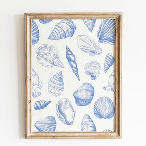 Blauwe schelpkunstafdruk | Vintage kustdecor | Strandachtige poster esthetische slaapzaal | Kustveedrijfsterposter | Afdrukbare muurkunst kust
